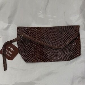 Ulta Molten Collection Makeup Bag Brown Snakeskin Embossed Wristlet Clutch NWT
